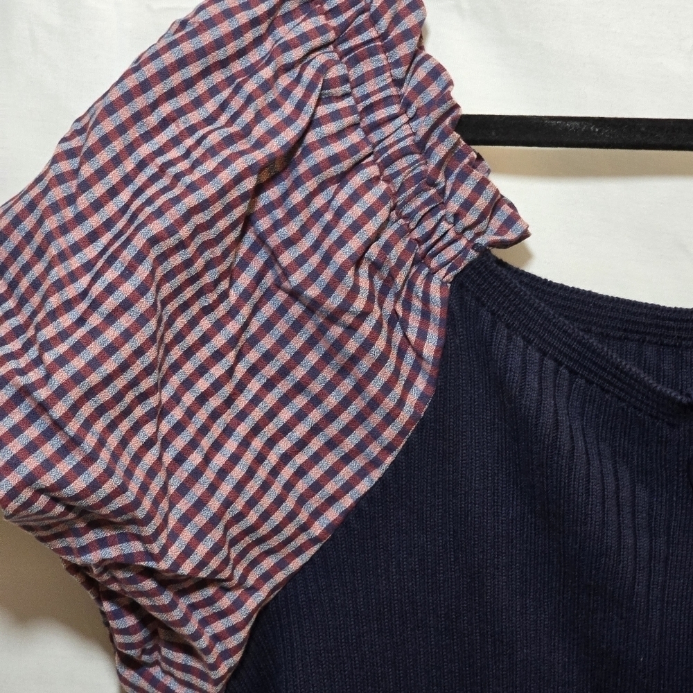 Anthropologie Maeve Navy Ribbed Knit Midi Dress Puff Sleeve Gingham, sz XL - Picture 4 of 10